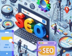 تحسين محركات البحث SEO صورة لجهاز كمبيوتر يظهر عليه محرك بحث وكلمة SEO وحول الكمبيوتر يوجد مجموعة من الاشخاص.